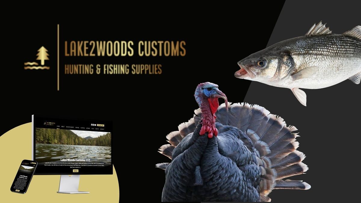 Lake2Woods logo and website with turkey and fish